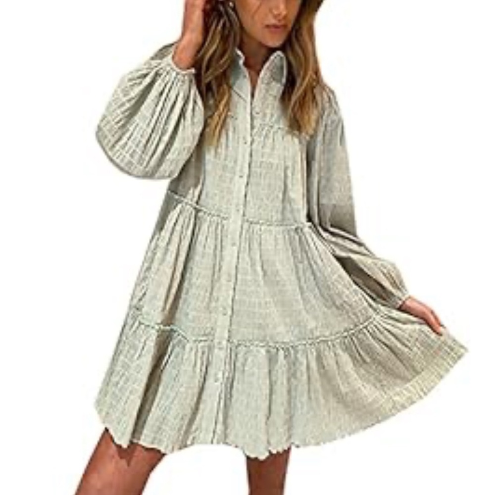 Long-sleeve, collared Green Ruffled Midi Dress